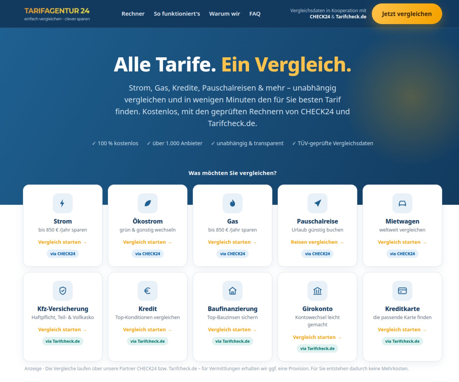 Screenshot des Vergleichsportals tarifagentur24.de