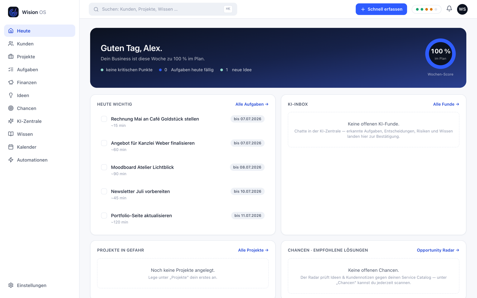 Wision Command Center — Heute-Dashboard mit Wochen-Score, Aufgaben und KI-Inbox